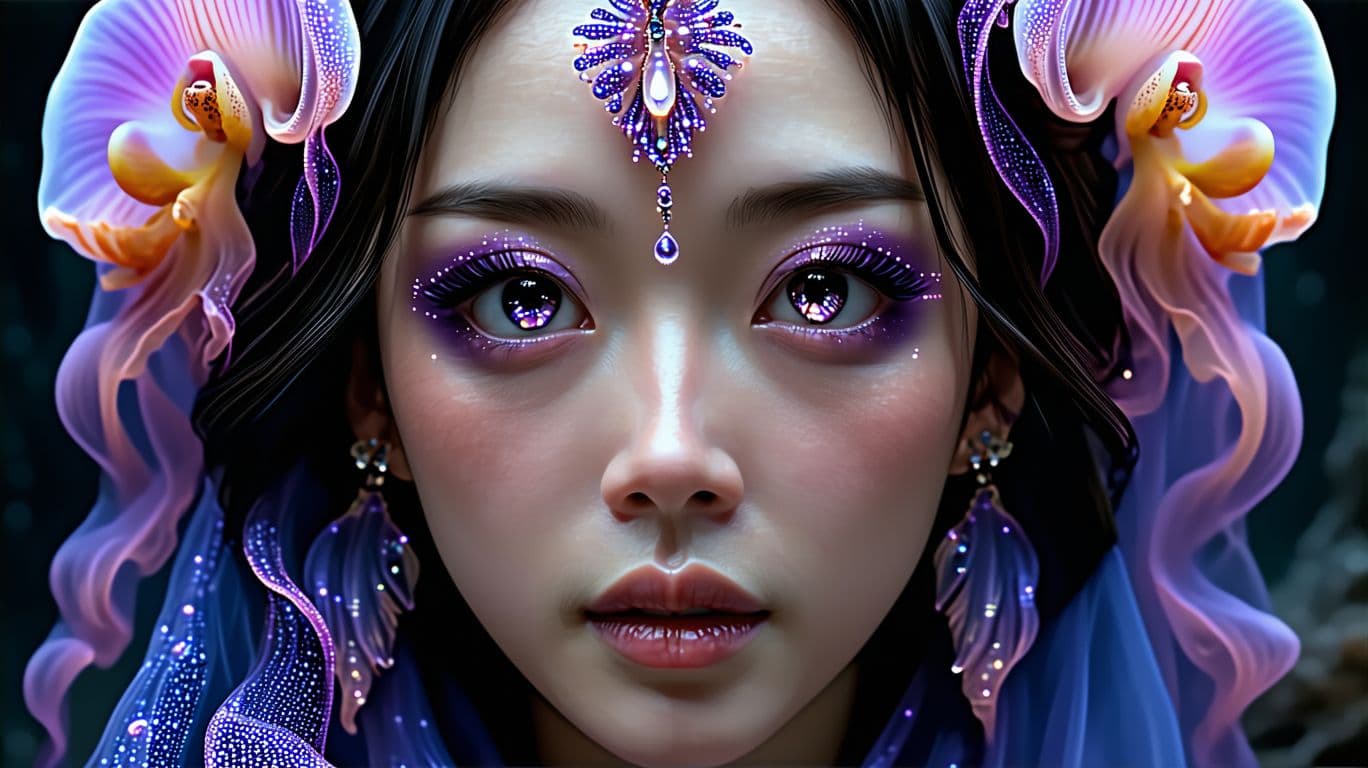 AI generated: Goddess close-up portrait ribcagel. jellyfish phoenix head, nautilus, orchid, skull, betta fish, bio...