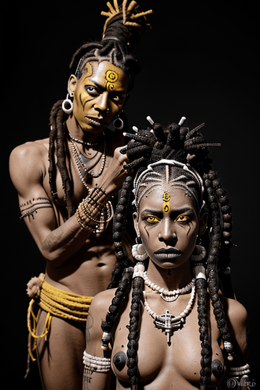 AI generated: A male and a female voodoo priests, performing voodoo ritual, full body, dark complexion, voodoo sym...
