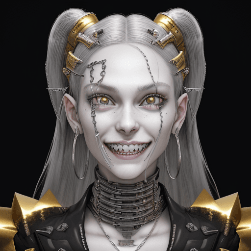 AI generated: a close up of a woman gave and smile, with silver fronts, teeth silver, grimes - book 1 album cover,...