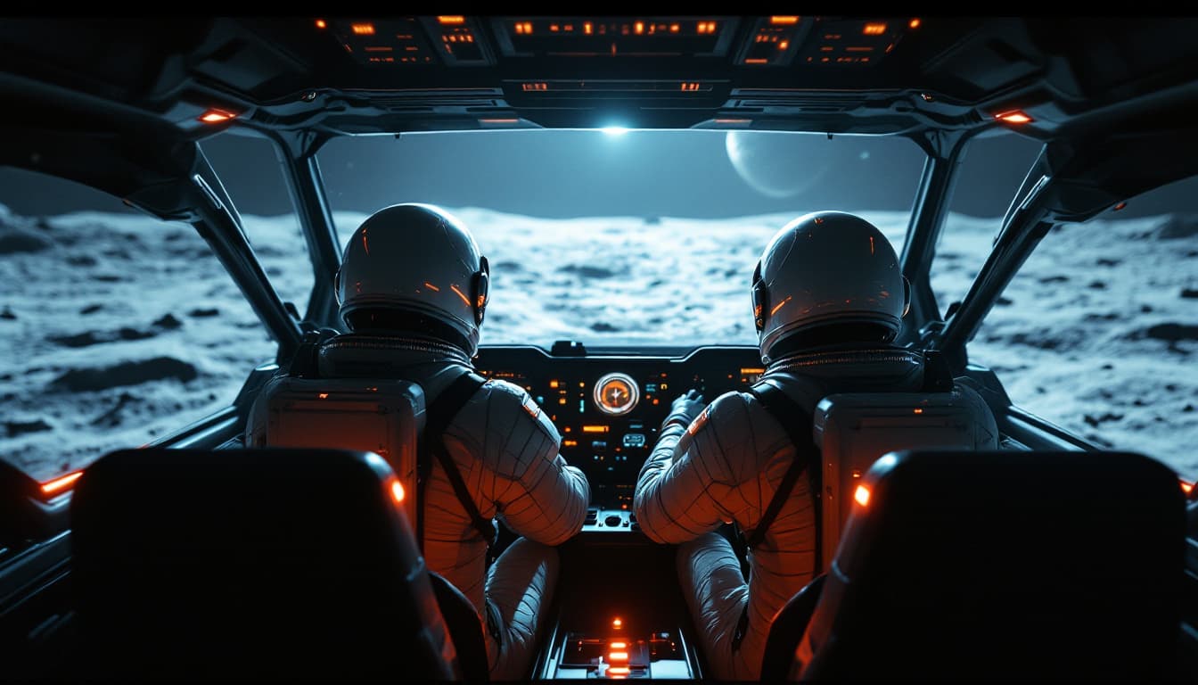 AI generated: Hyper real cinematic, photo, view from the back seat of a science fiction ATV showing two astronauts...