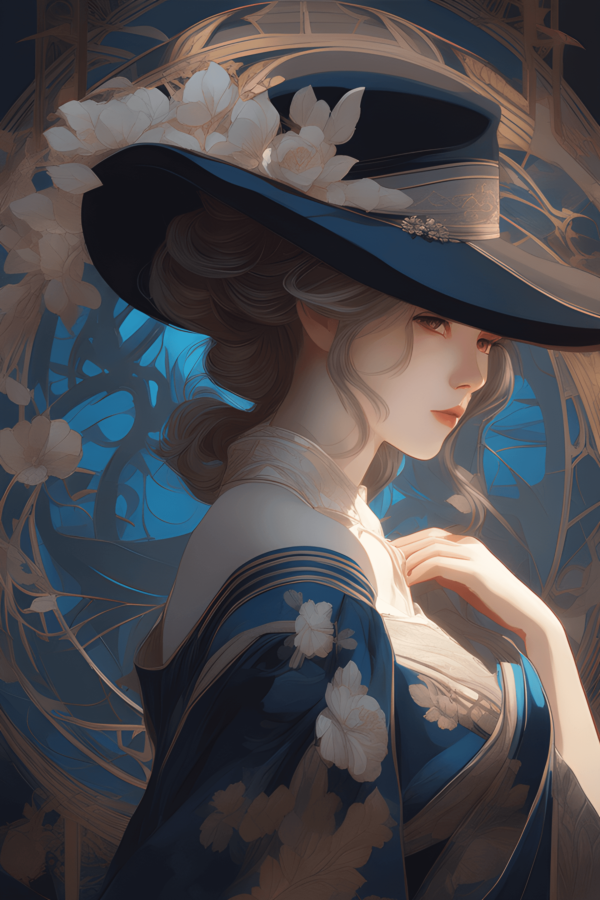 AI generated: there is a painting of a woman wearing a hat and a blue dress, detailed digital anime art, guweiz on...