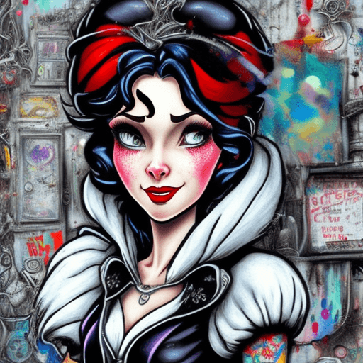 AI generated: Portrait of tatooed Snow White Disney movie, character design, detailed hair, punk art, acid punk, c...