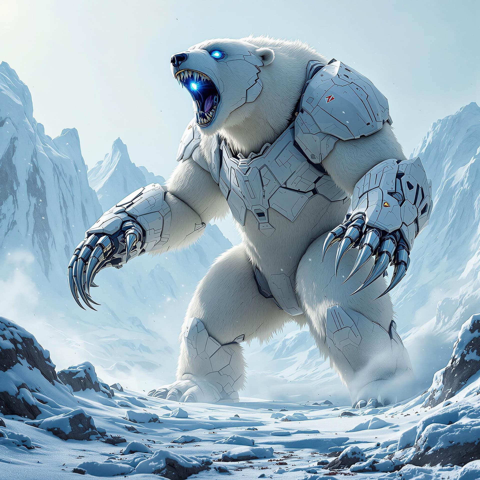 AI generated: A towering 6-meter-tall battle polar bear stands on its massive hind legs, roaring ferociously into ...