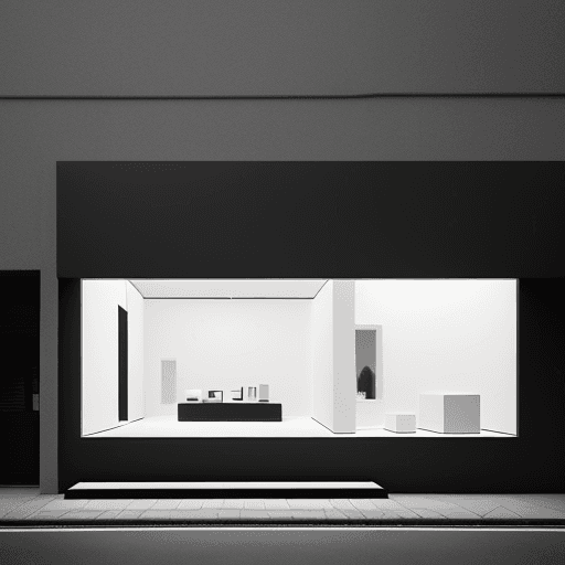 AI generated: minimalist store exterior, at dusk, the architecture should feature clean lines with a sophisticated...
