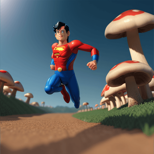 AI generated: Super-Man running, Mushroom Kingdom background, 32k, closeup, trending on poltcount 3D, game --v 5.2...
