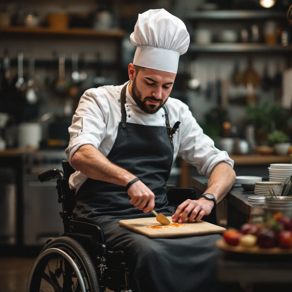 AI generated: creative chef working on his wheelchair 
after spinal cord 
injury whith reduced hand mobility who h...