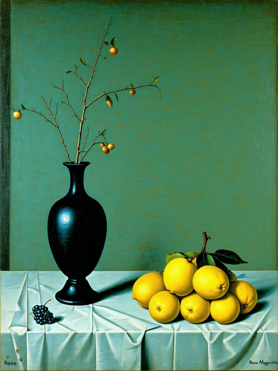 AI generated: a surrealist painting by René Magritte of a simple still life reveals his startling ability to use e...