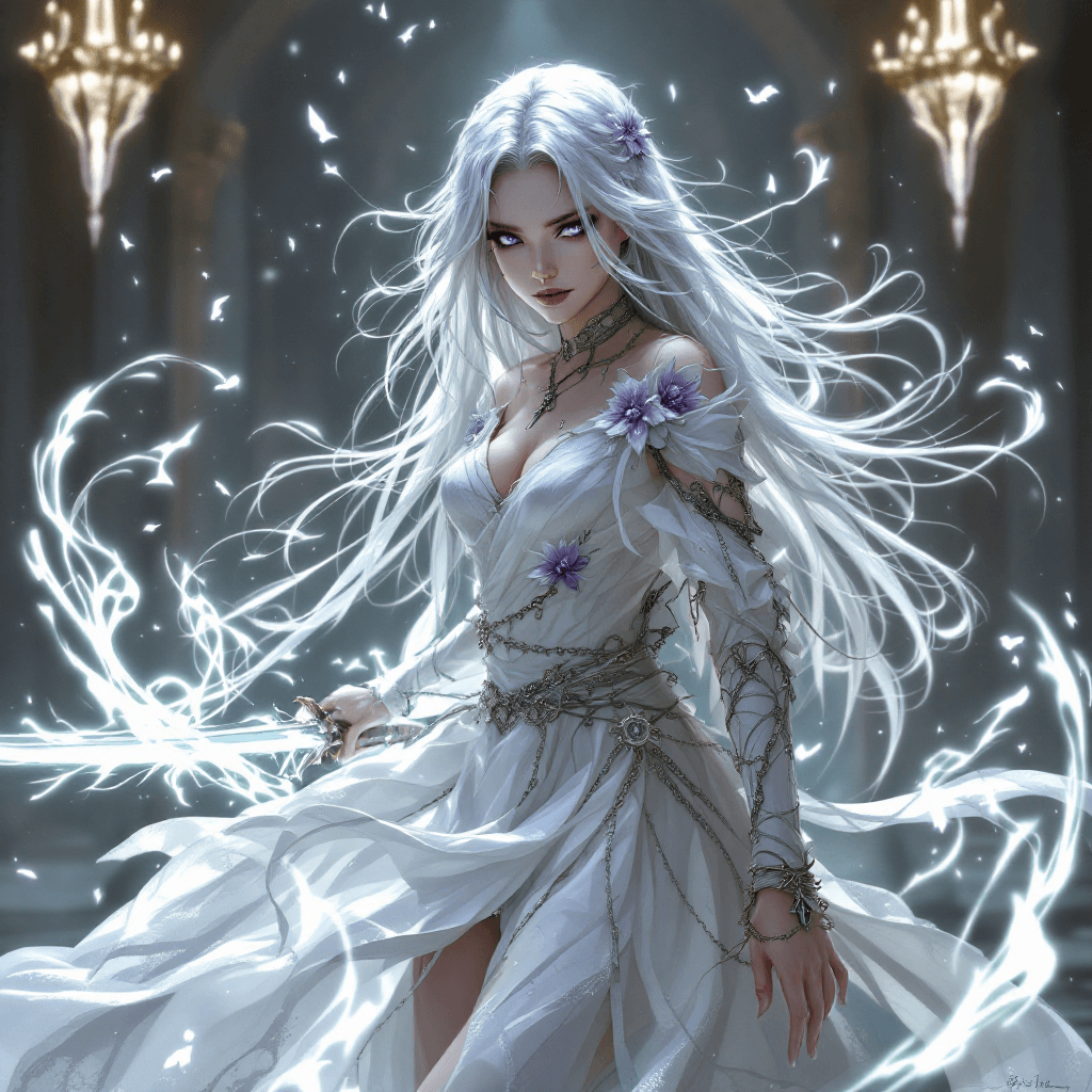 AI generated: 18. The Spectral Sword Dancer: A graceful and deadly warrior with long, flowing, silver hair that se...