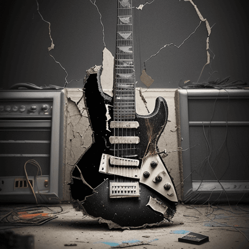 AI generated: In the foreground, depict a shattered electric guitar with its strings snapped and body broken, repr...