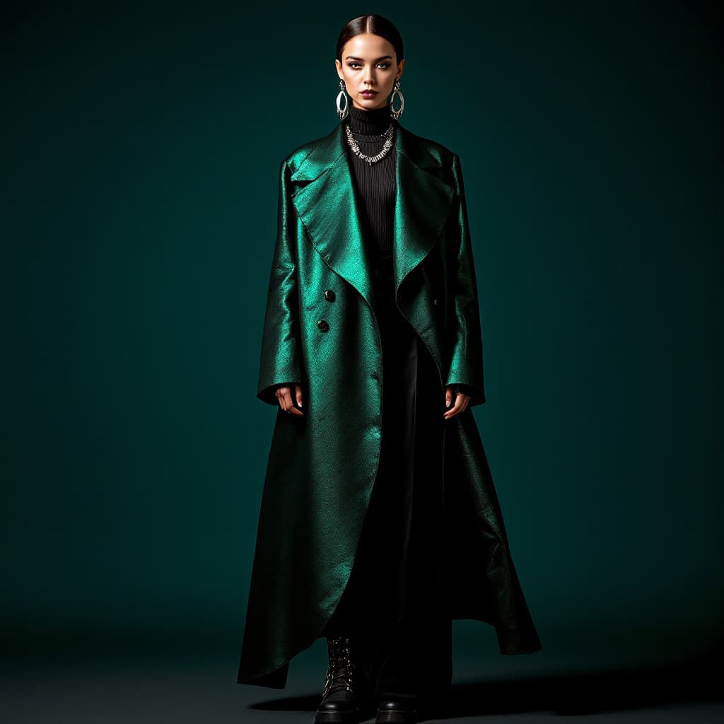 AI generated: fashion portrait, full body, front view, woman wearing an avant-garde, androgynous outfit consisting...