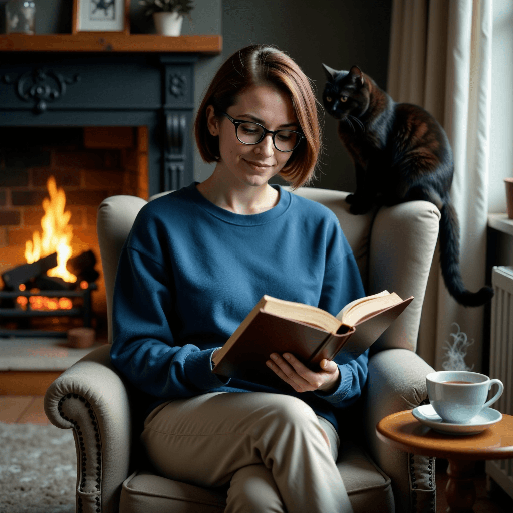 AI generated: photography of a twenty year old woman, brown hair, short hair, glasses, blue sweatshirt, beige pant...