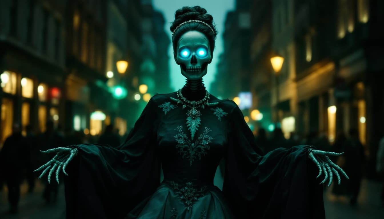 AI generated: The image presents a haunting scene of a skeleton with glowing blue eyes and a green aura, set again...