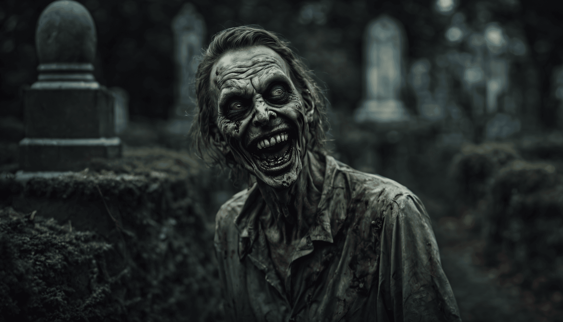 AI generated: A zombie evil laughs at the camera,very detailed,photorealistic,night in the cemetery,creepy atmosph...