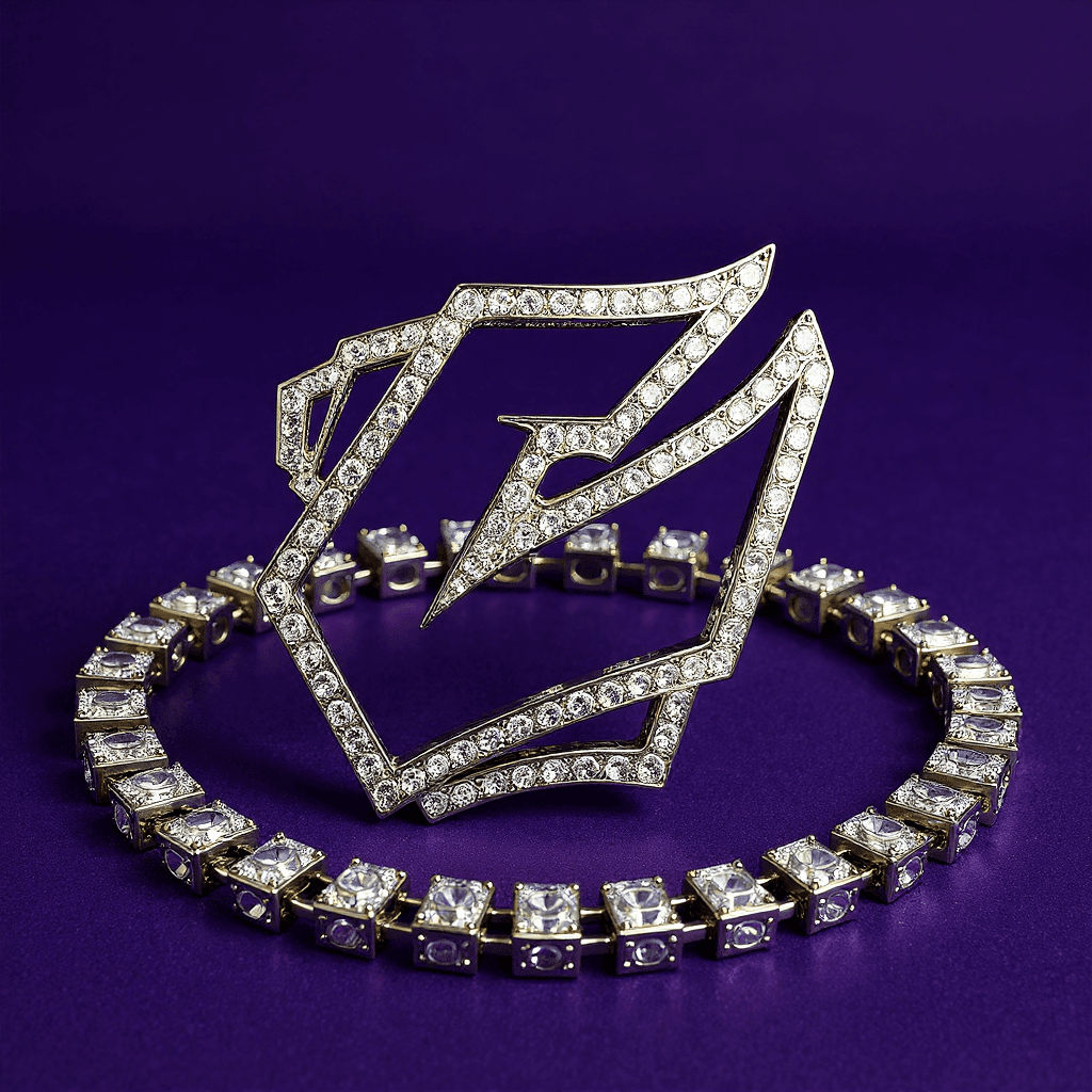 AI generated: CREATE A 3D BIG BLING BLING CHAIN ICED OUT, WITH THIS LOGO ICED OUT, SHOW IT ON A PURPLE SAMT