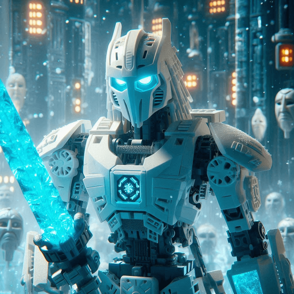 AI generated: Close-up Star Wars CGI rendering of a white Bionicle Toa of Ice robot with a mask and an ice sword i...