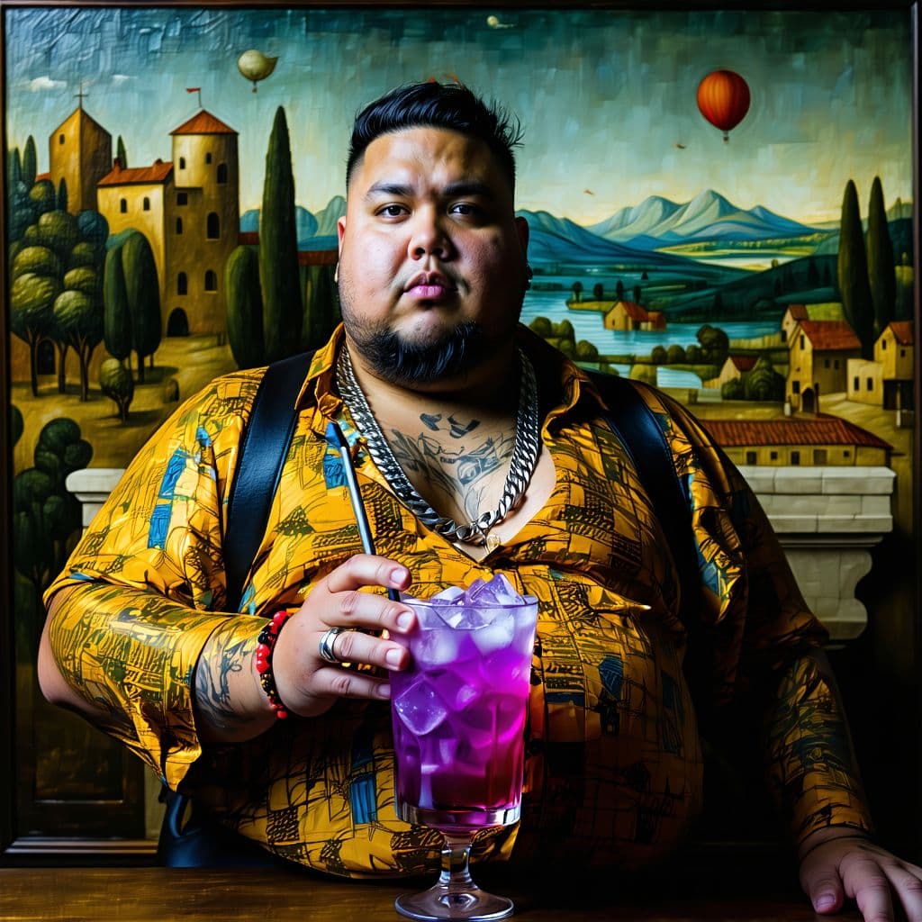 AI generated: dangerously obese american rapper without a beard and with short hair, holding a purple drink, renai...