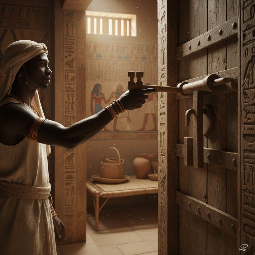 AI generated: Ancient Black dark skinned African Egyptian person with dark skin using the wooden key to unlock doo...