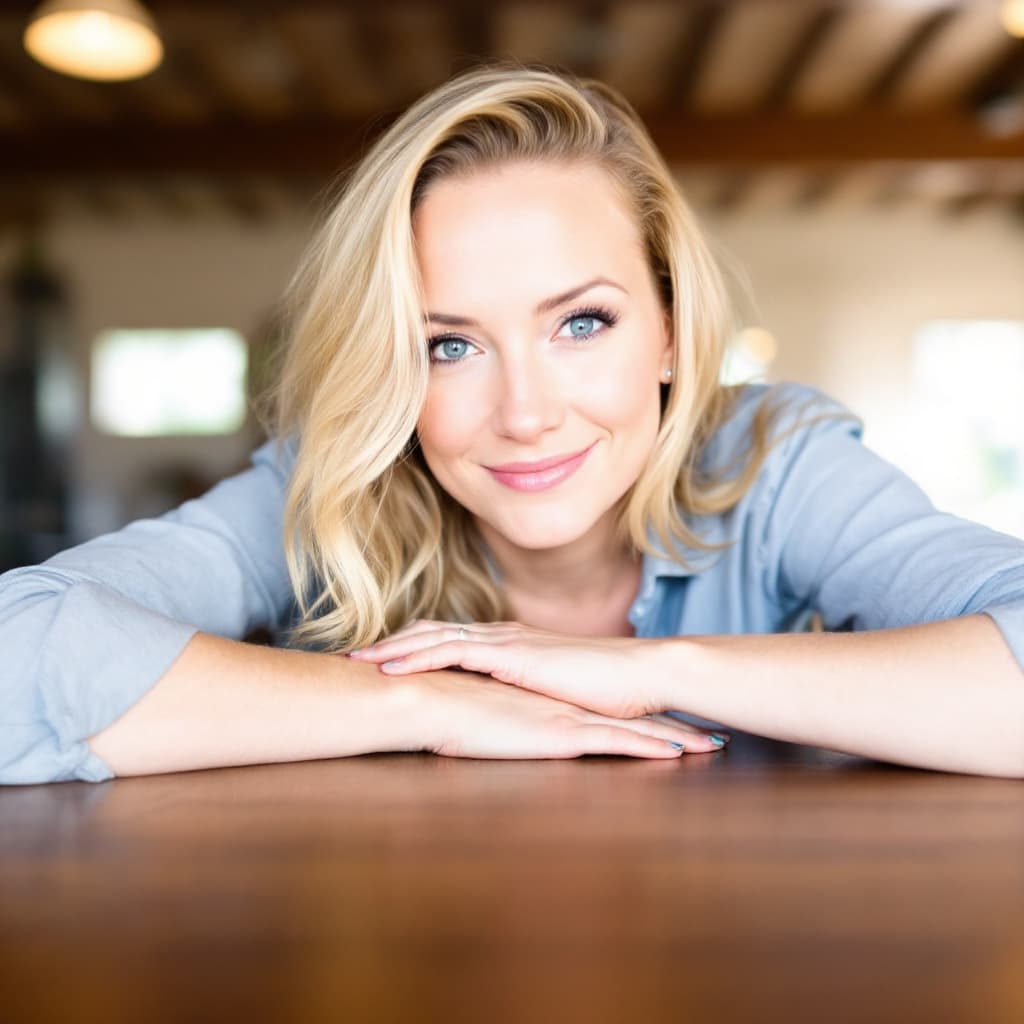 AI generated: Portrait of a blonde woman with wavy hair, wearing a light blue shirt, leaning forward on a wooden t...