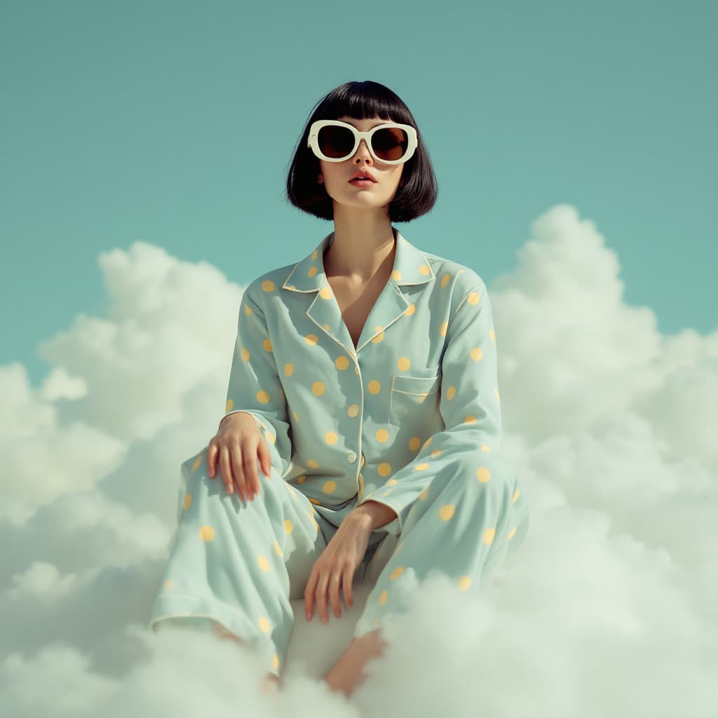 AI generated: A photo of an eccentric woman sitting on top of white fluffy clouds wearing big sunglasses and light...