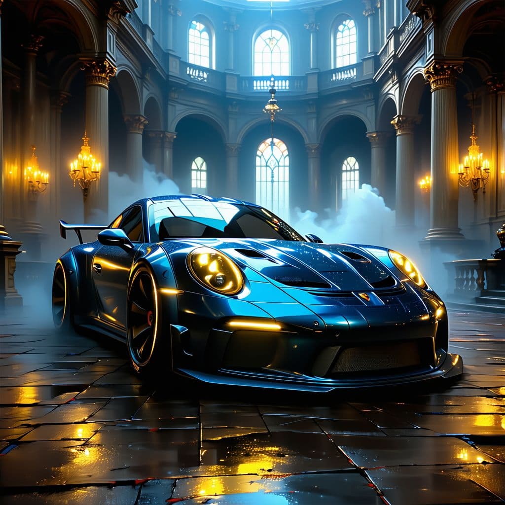 AI generated: General outline of a latest model Porsche gt3 in steampunk style,  with glowing headlights, polished...