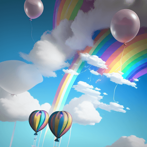 AI generated: abstract 3d rainbow with clouds and colourful balloons in pastel colours.