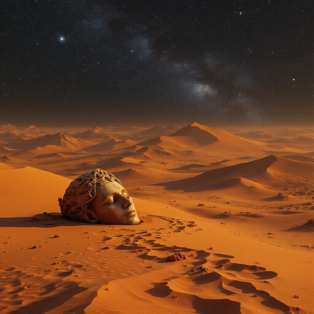 AI generated: A desolate desert landscape under a star-studded night sky, towering sand dunes casting long shadows...