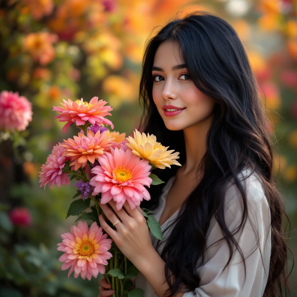 AI generated: A woman with long black hair holding colorful flowers, photorealistic, soft lighting, outdoor garden...