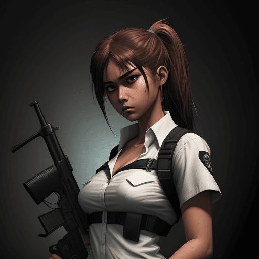 AI generated: a girl with white shirt and gun, in the style of comic book-style art, rendered in maya, junglecore,...