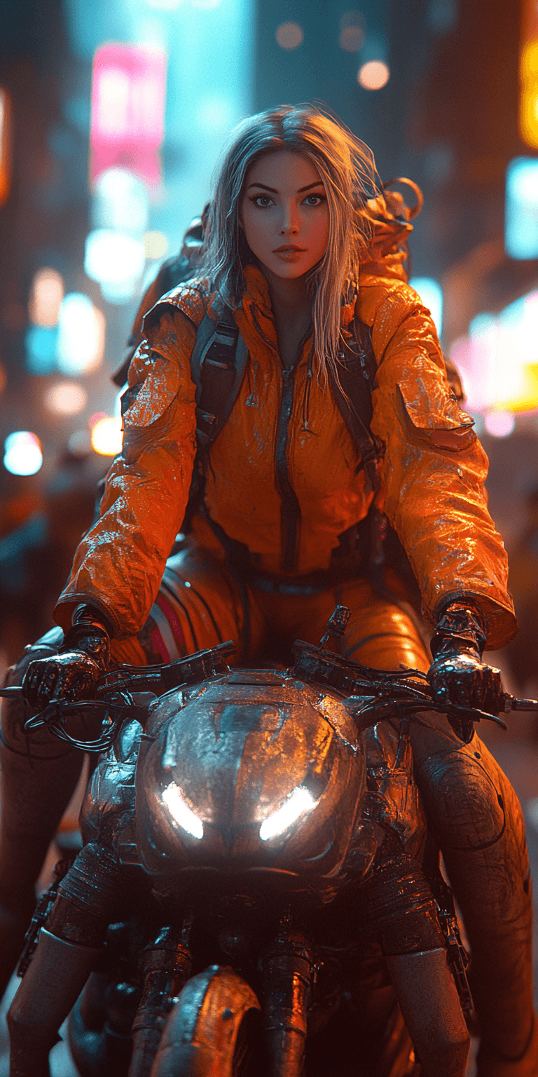 AI generated: A blonde girl in yellow and orange  rides on a motorcycle, in the style of cyberpunk, with a city st...