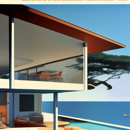 AI generated: Hyper realistic eye level exterior photo of a mid century modern style house overlooking the ocean, ...