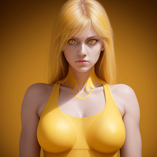 AI generated: photography, upper body, yellow hue, woman model, solid yellow backdrop, yellow eyes detailing, usin...