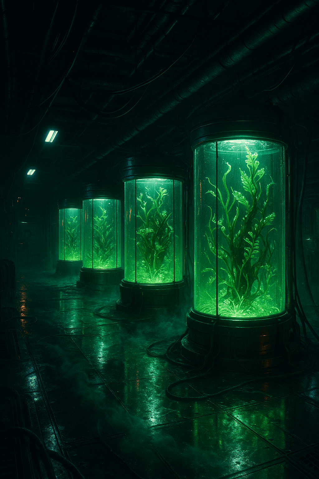 AI generated: Interior, dark sci-fi bio-lab, glowing green bioreactor tanks filled with swirling algae and bioengi...