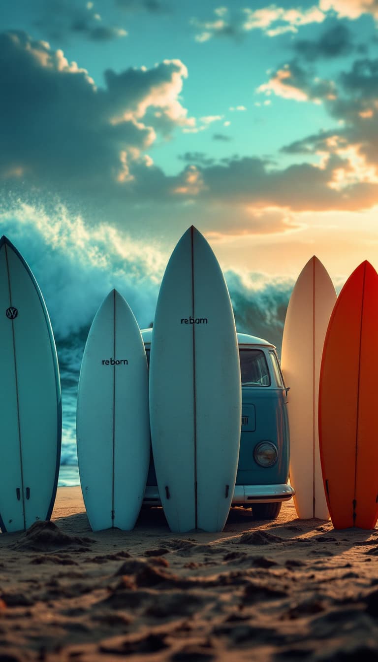 AI generated: A highly detailed distant ,ultra high definition low angle pro photo of a five surfboards standing i...