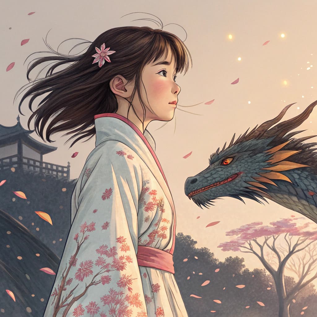 AI generated: Full body portrait japan girl, and a dragon close to her, inspired by Thomas Kinkade's warmth, David...