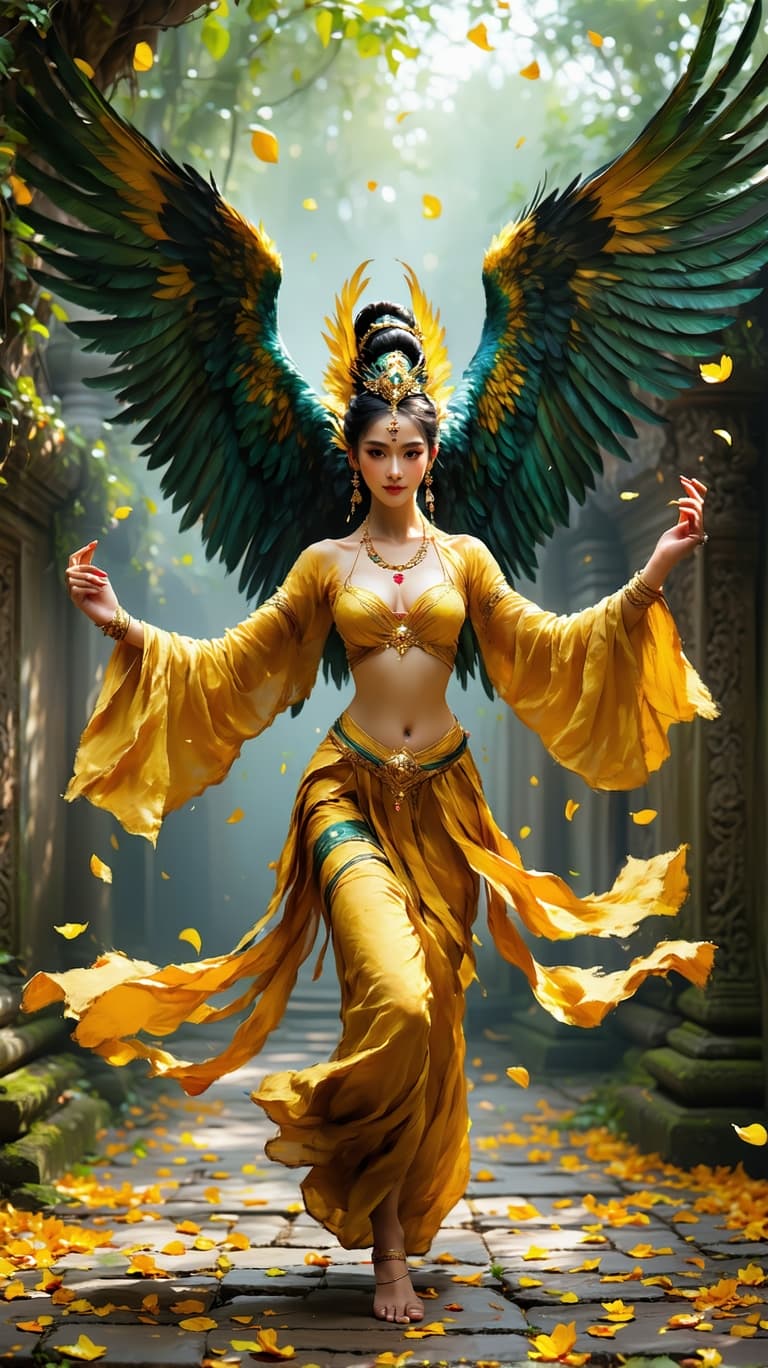 AI generated: An ultra-realistic, wide angle, front facing, full-body portrait of a mesmerizing Dancer in golden t...
