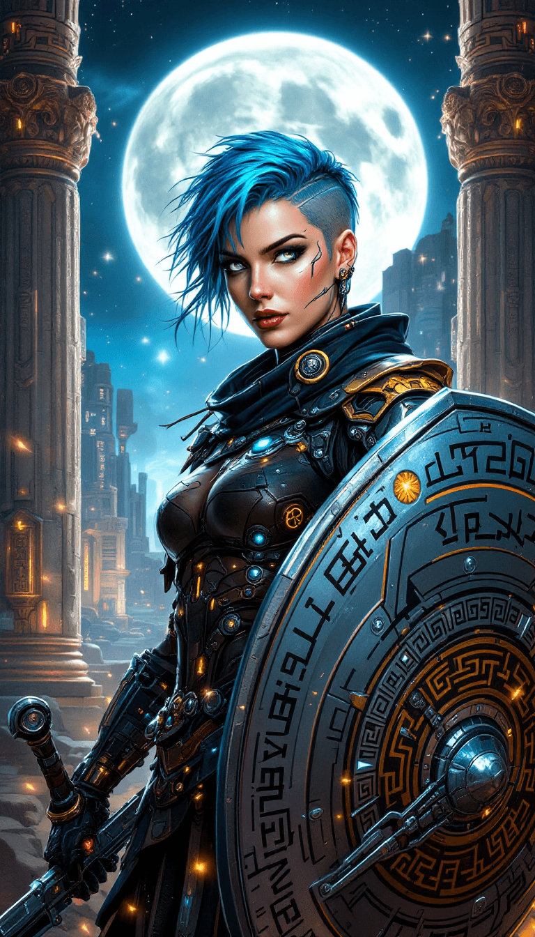 AI generated: The Cybernetic Shield Maiden: A resilient and powerful warrior with short, vibrant blue hair, often ...