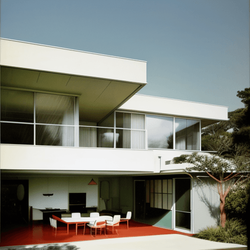 AI generated: Hyper realistic eye level exterior photo of a mid century modern style house overlooking the ocean, ...