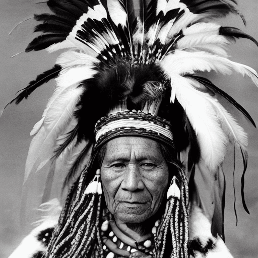 AI generated: a vintage black and white photo of a Native American chief wearing traditional clothing and and feat...