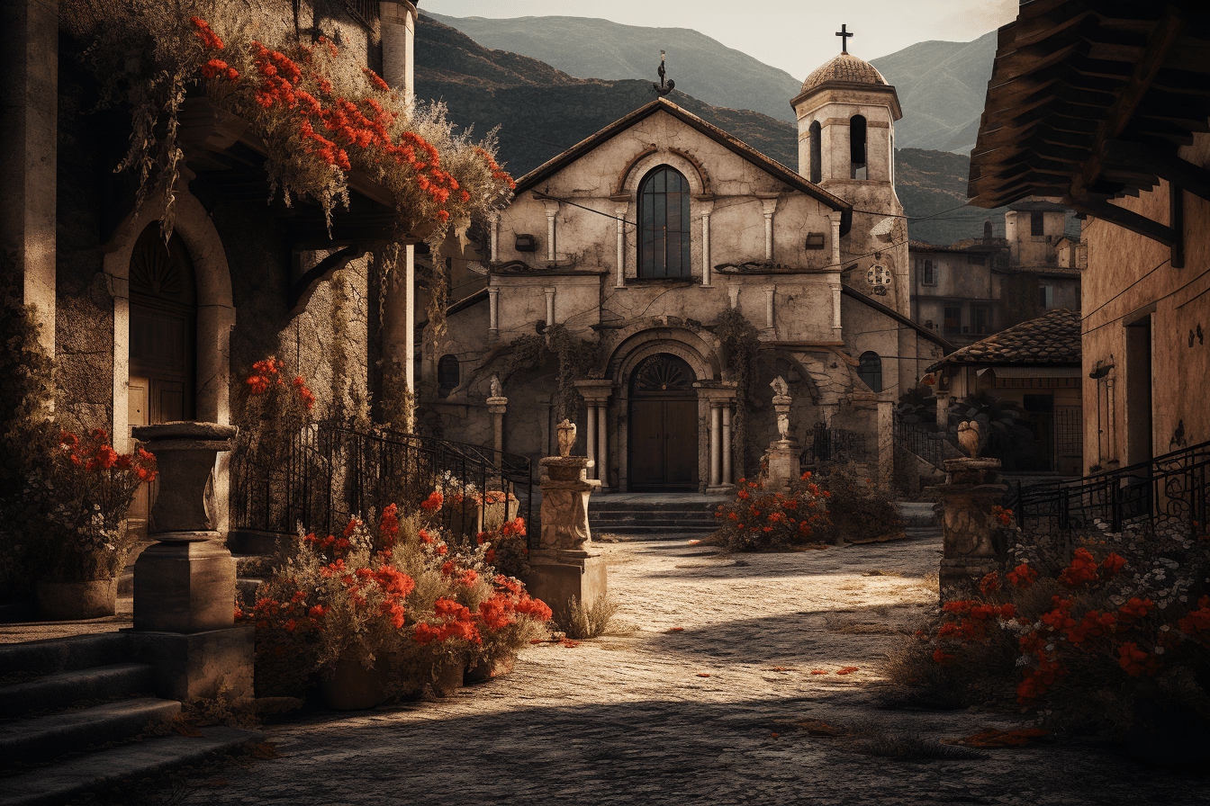 AI generated: old italian church in the middle of a nostalgic town made of stones and bricks, houses decorated wit...