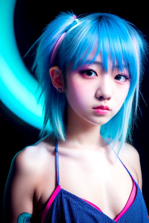 AI generated: A cute Japanese girl band, with electric blue hair color, typical Japanese trend, vibrant blue color...