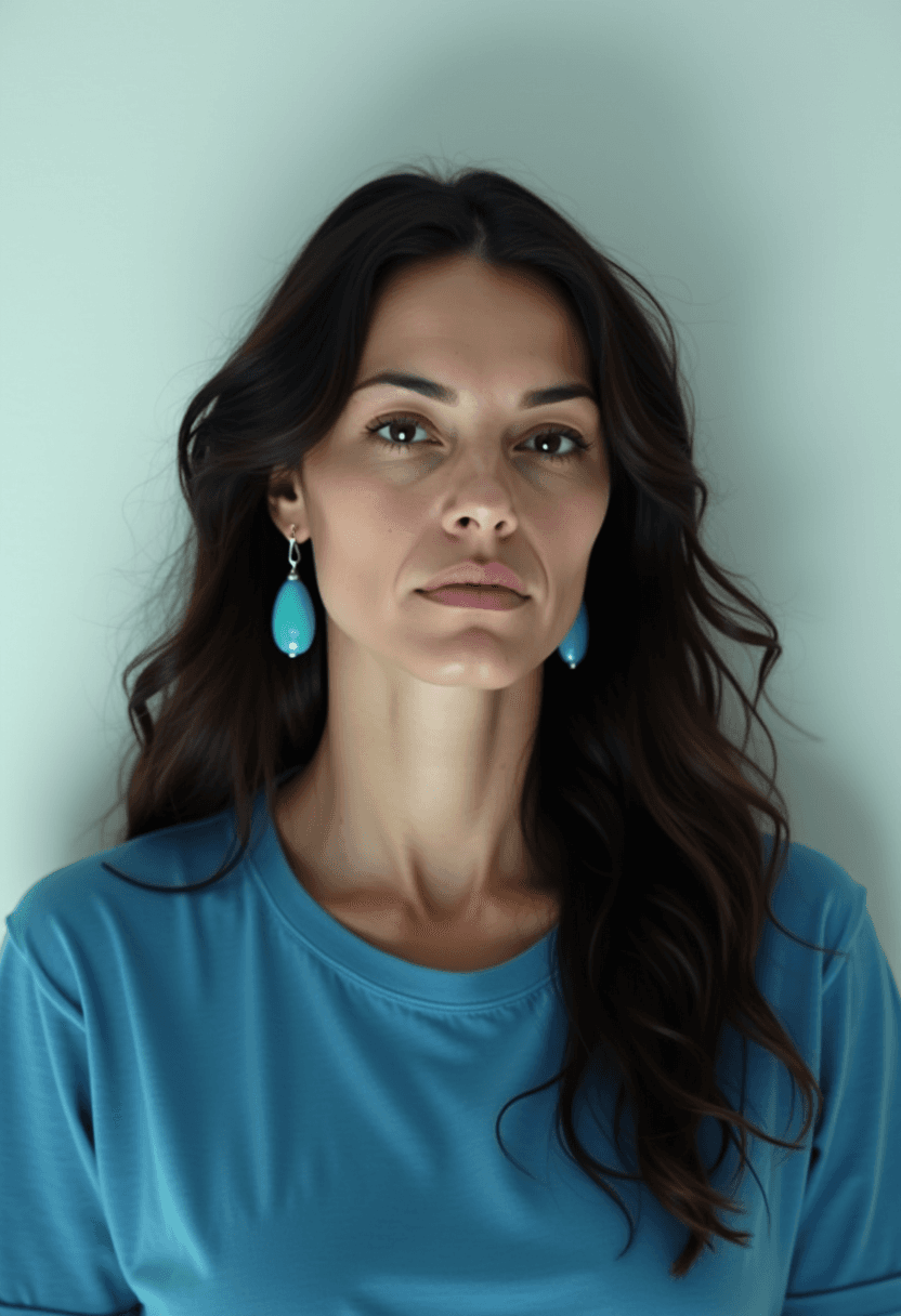 AI generated: A woman with long dark hair styled in loose waves, wearing a blue t-shirt and turquoise earrings on ...