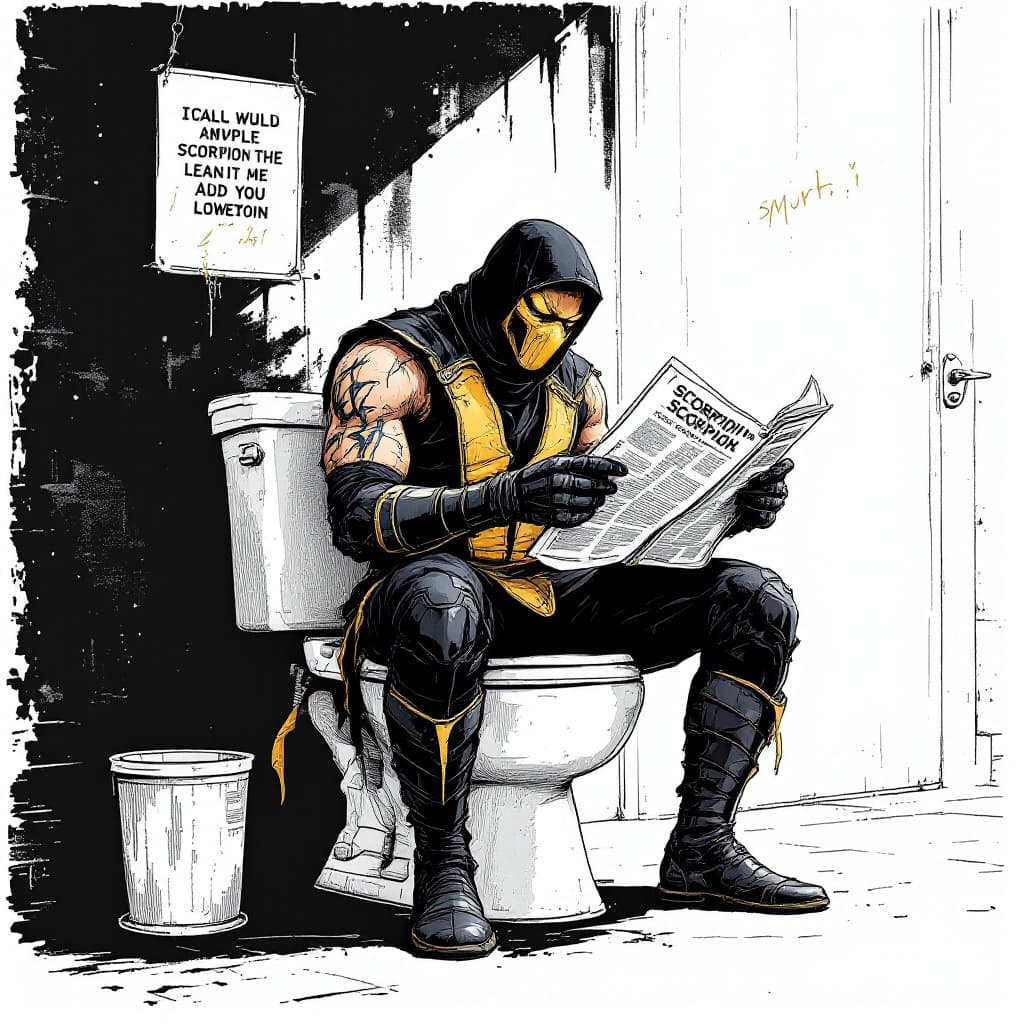 AI generated: Scorpion from Mortal Kombat, sitting on the toilet reading a newspaper, in the style of street art a...
