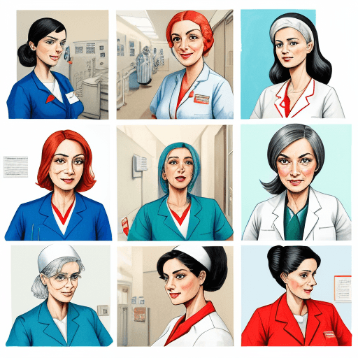 AI generated: expressive gouache and ink illustration of an hospital and some nurses front of 