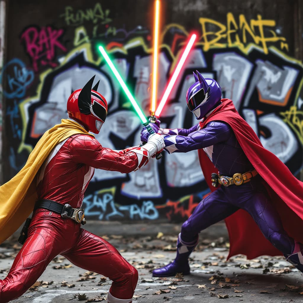 AI generated: Hyper real red power ranger with bat ears and a yellow cape versus a purple power ranger with bat ea...