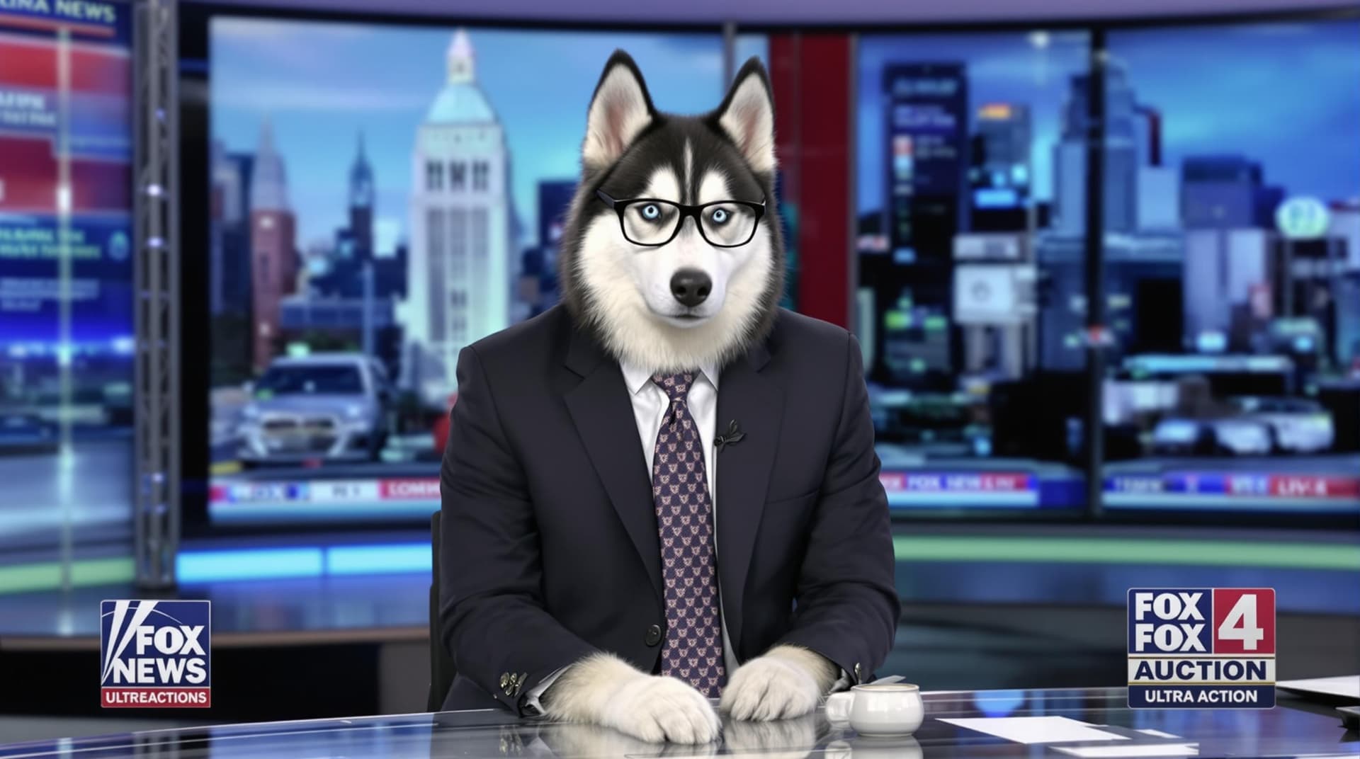 AI generated: Siberian Husky, wearing glasses black and white fur, blue eyes, wearing a blue tie, sitting at desk ...