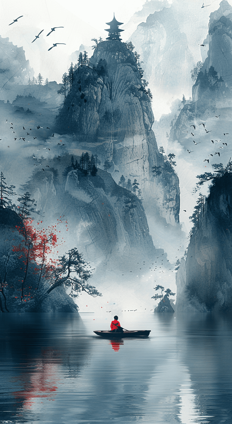 AI generated: 1 person in red is sitting in a boat on the river, the river is beside a mountain, there is a tower ...
