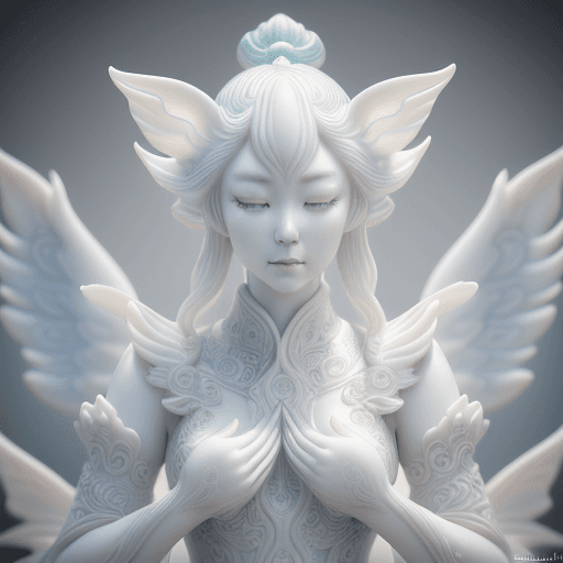 AI generated: Carved porcelain angels,different full body modelposition, high detailed cinematic background , Miki...