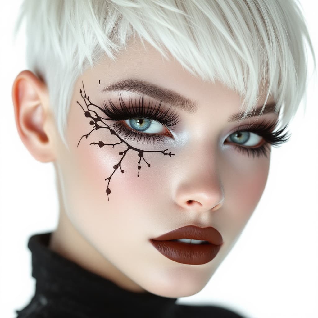 AI generated: a beautiful albino model with an avant-garde haircut, she is looking into the camera, henna pattern ...