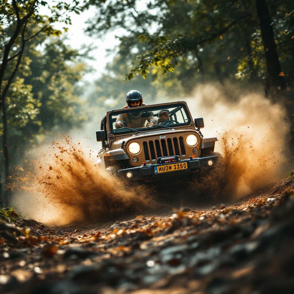 AI generated: photography, sports shooting, dynamic range, dynamic motion with Mahindra thar driving towards camer...
