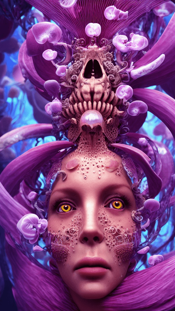 AI generated: Goddess close-up portrait ribcagel. jellyfish phoenix head, nautilus, orchid, skull, betta fish, bio...